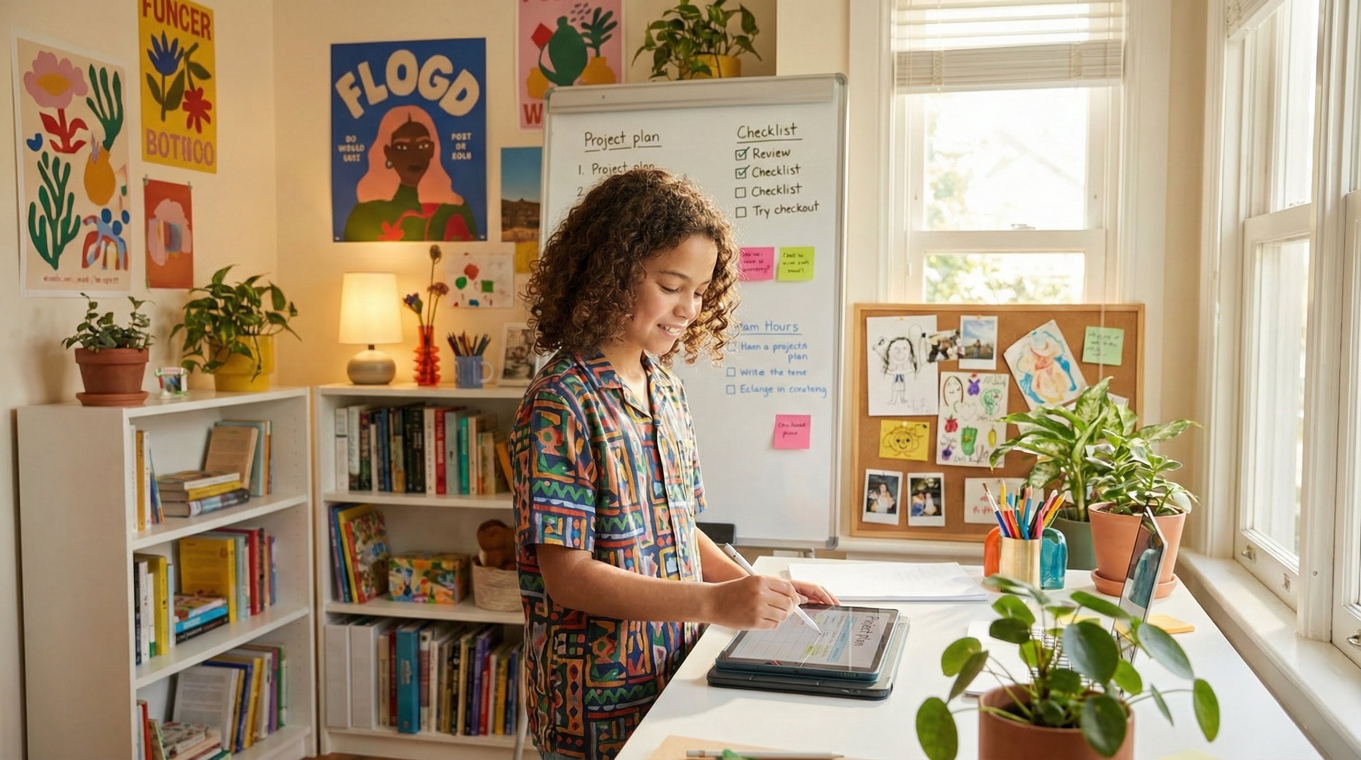 Child focusing on a tablet activity in a bright, creative learning space.
