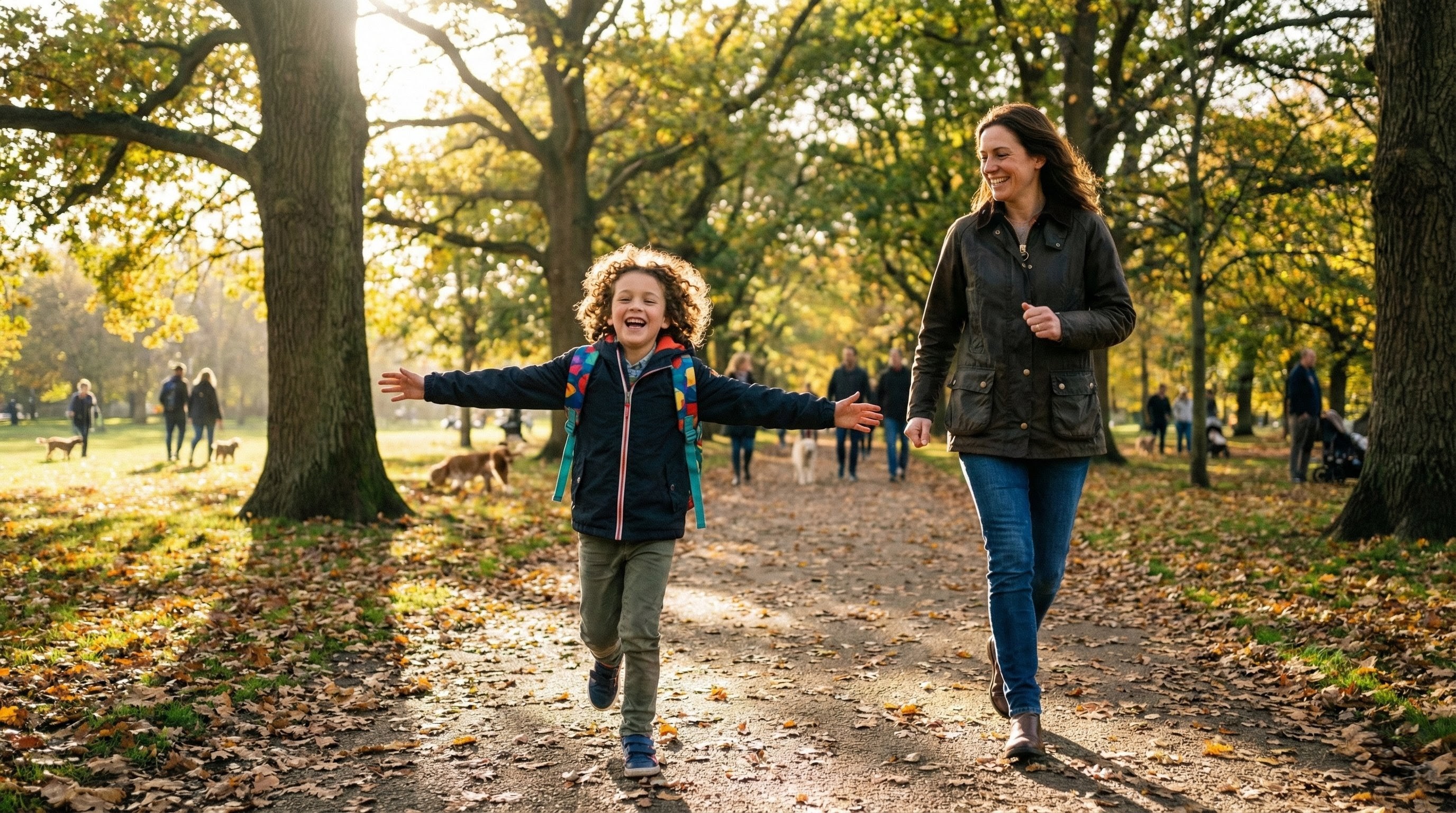 Parent and child walking together in a park, smiling.