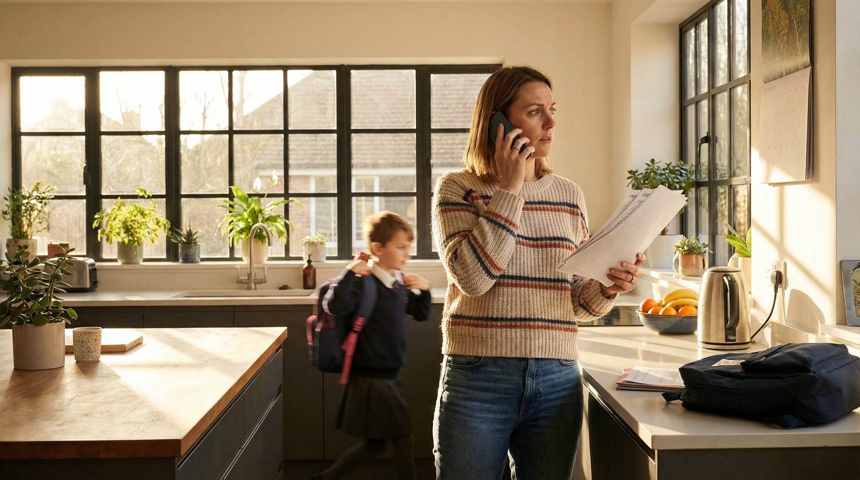 Busy parent multitasking during morning routine with child